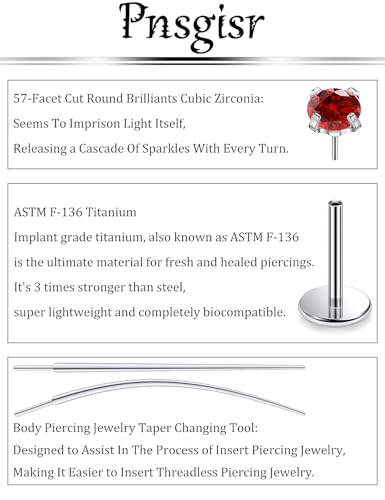 F136 Titanium 20/18/16G Earrings Nose Lip Rings Medusa Tragus Cartilage Helix Labret Flat Back Threadless Implant Grade Stud Piercing Jewelry for Women - color: Red CZ, size: 20g*6/7/8mm*2/3/4mm