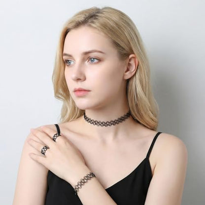 18 Pcs 90s Tattoo Choker Necklace, Bracelet & Ring Set Stretch Gothic Black Lace Vampire Accessories Retro Grunge Aesthetic Tattoo Effect Jewelry Accessories for Women - color: Black
