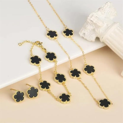 14K Gold-Filled Clover Necklace For Women - Classic Five-Leaf Flower Set Bracelet Necklace Earrings Jewelry Set, Five Leaf Clover Necklaces Dainty Lucky Clover Jewelry - color: Black - Clover Necklace
