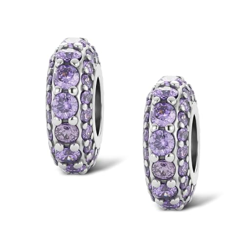 KEQ 925 Silver Spacer Stopper Bead Charms Clearance for Pandora Bracelets Birthstone CZ Always Stopper Birthday Gifts for Mom Grandmom Granddaughter Wife Sisters Friends - color: Purple(2 Pcs)