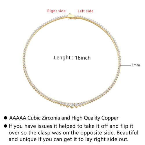 BREN 3 Prong Graduated Tennis Necklaces for Women Men, 18K White/Yellow Gold Plated 16/18 inches Round Cubic Zirconia Dainty Chain Wedding Jewelry Gift - color: Gold, size: 16 inch