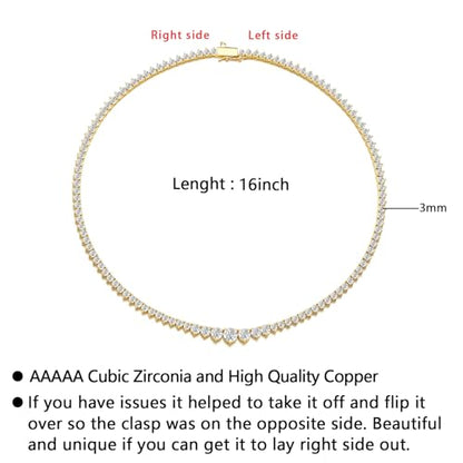 BREN 3 Prong Graduated Tennis Necklaces for Women Men, 18K White/Yellow Gold Plated 16/18 inches Round Cubic Zirconia Dainty Chain Wedding Jewelry Gift - color: Gold, size: 16 inch