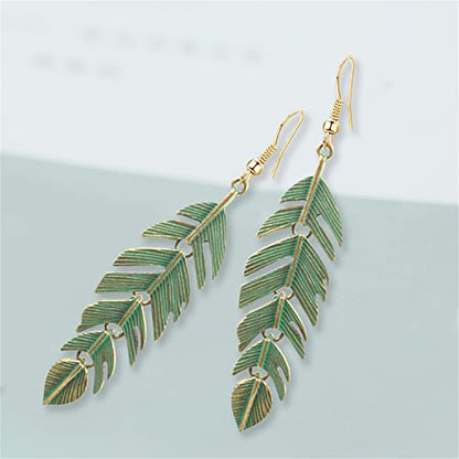 Handmade Boho Vintage Green Bronze Lightweight Statement Leaves Earrings with Detailed Texture Drop Dangle Earring for Women Floating Feathers Chain Earrings Jewelry Gifts
