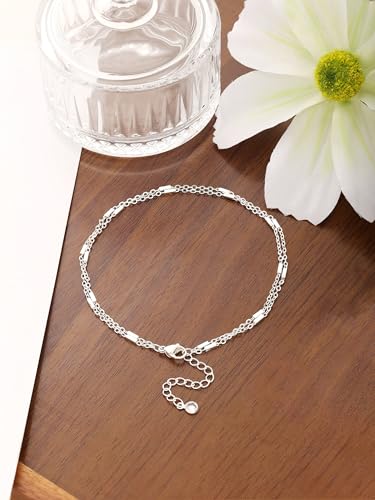 Dainty Anklets for Women, 14K Gold Plated & Sterling Silver Plated Ankle Bracelets, Adjustable, Waterproof & Hypoallergenic Summer Beach Foot Jewelry in Assorted Styles - style: 2 anklet barlink silver