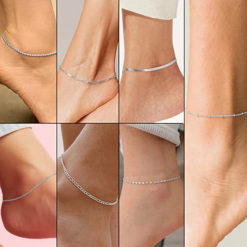 VAMA FASHIONS 8-Piece Adjustable Silver Anklet Set Snake Herringbone Rope Paperclip Figaro Satellite Box & Mirror Chain Anklets Foot Jewelry for womens