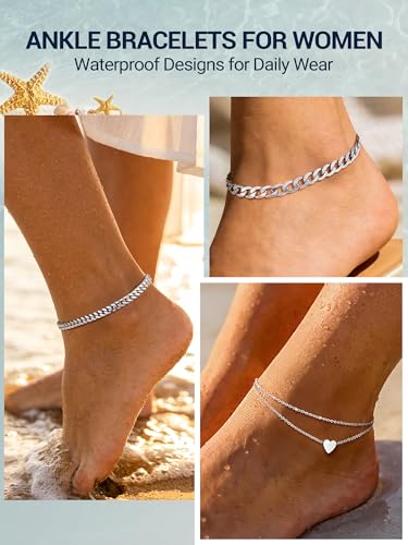PROSTEEL Ankle Bracelets for Women, Silver/Gold/Black, Waterproof Anklets | Waterproof, Stainless Steel, Summer Beach Jewelry, Durable & No Tarnish, Come with Gift Box, 8-10.5" Adjustable, Plus Size - color: E: silver-heart layered