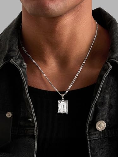 U7 Initial Letter Necklace for Men Women, 14K Gold/Silver Plated Square Capital Monogram Pendant Necklace from A-Z with 22+2 Inch Figaro Chain, Personalized Jewelry for Him - color: Silver, style: I