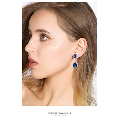 Pave Teardrop Earrings for Wedding Sterling Silver Double Pear Shaped CZ Cubic Zirconia Crystal Rhinestone Birthstone Dangle Earrings Bridal Jewelry for Bride Bridesmaids - color: Royal Blue Sapphire