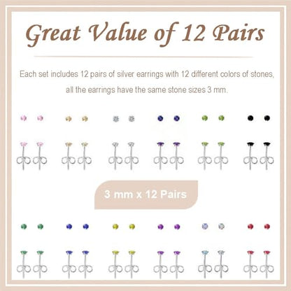 12 Pairs Stud Earrings Set, Hypoallergenic Surgical Stainless Steel 316L Earring for Women Men, Small Earring Studs Pack with Cubic Zirconia - color: 12 Colors-3mm x 12 Pairs