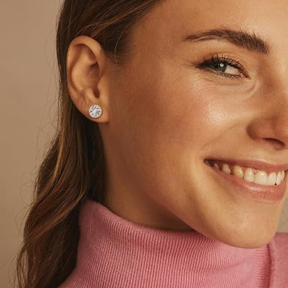 18K Gold Plated Halo Stud Earrings 925 Sterling Silver Cubic Zirconia Stud Earrings Round Square Diamonique Stud Earrings Set for Women Men - color: Silver&White