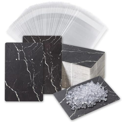 Earring Cards, Set Jewelry Making Supplies with 100 Pcs Earring Holder Cards 200 Pcs Earring Backs and 100 Jewelry Packaging for Earrings Necklace Jewelry Display, Bags 3.5x2.4 Inches (Marble Black) - color: Black Marble Pattern