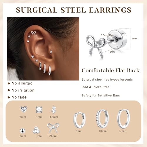 M MOOHAM 9 Pairs Flat Back Earring Stack Set for Women Teen Girls | Hypoallergenic Earrings, 14K Gold Plated Huggie Hoop Stud Earring, Small Cute Bow Cartilage Earrings, Trendy Jewelry Gifts - color: Silver