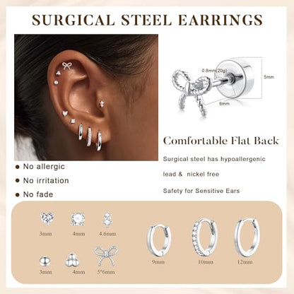 M MOOHAM 9 Pairs Flat Back Earring Stack Set for Women Teen Girls | Hypoallergenic Earrings, 14K Gold Plated Huggie Hoop Stud Earring, Small Cute Bow Cartilage Earrings, Trendy Jewelry Gifts - color: Silver