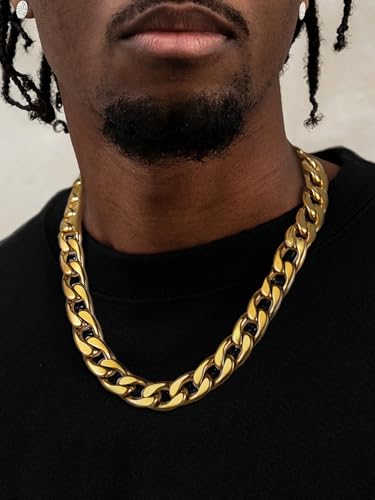 ChainsHouse Cuban Link Chain Necklace Men Women, 5/9/12/15mm Width, Stainless Steel/14K Gold Plated Cuban Necklace, 14"-30" Length, with Gift Box - color: L: Cuban-15mm-gold, size: 22.0 Inches