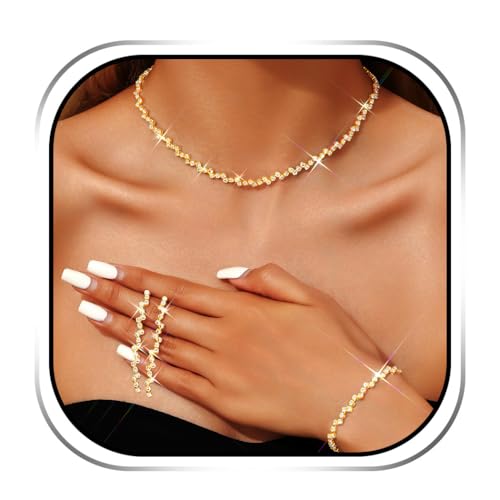 JEAIRTS Rhinestone Tennis Chain Choker Necklace Jewelry Sets for Women | 3Pcs Diamond Bridal Necklace Earrings and Bracelet for Wedding Prom - color: 2-Gold