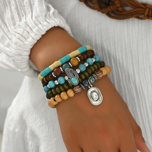 LOTSOF Western Turquoise Beaded Bracelet, Chic Stack Beaded Western Style for Country Concerts, Cowgirl Outfits & Boho Jewelry - color: A set of five hats