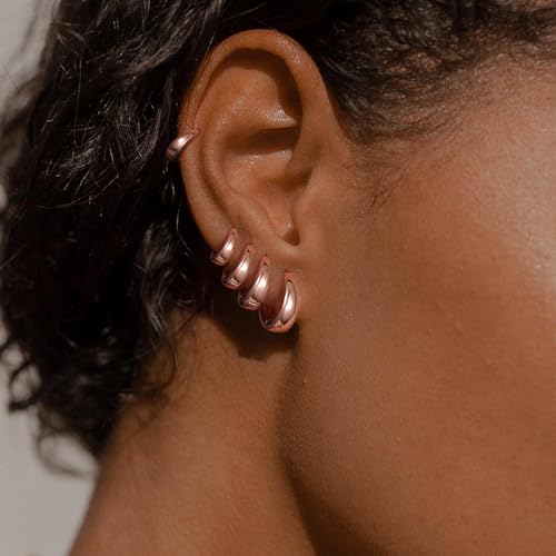 Small Chunky Hoop Earrings for Women, 14K Plated Huggie Stack | Chunky Hoop Stud Earrings Stackable, Lightweight Huggie Cartilage Ear for Multiple Piercing Jewelry Gift for Daily Wear - style: 5 Pairs-Rose Gold