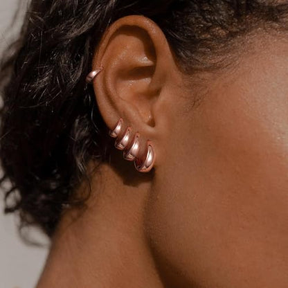 Small Chunky Hoop Earrings for Women, 14K Plated Huggie Stack | Chunky Hoop Stud Earrings Stackable, Lightweight Huggie Cartilage Ear for Multiple Piercing Jewelry Gift for Daily Wear - style: 5 Pairs-Rose Gold