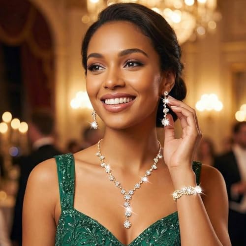 Silver Wedding Jewelry Sets Rhinestone Necklace Earrings Bracelet Set Prom Formal Costume Jewelry for Women and Brides - color: Gold
