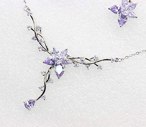 Faship Gorgeous CZ Crystal Floral Necklace Earrings Set - color: Lavender