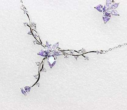 Faship Gorgeous CZ Crystal Floral Necklace Earrings Set - color: Lavender