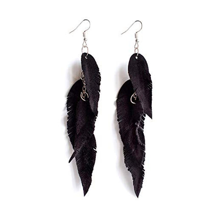Leather Feather Earrings, Suede layered earrings, boho wedding jewelry, summer earrings, gift for her, dangle earrings - color: black