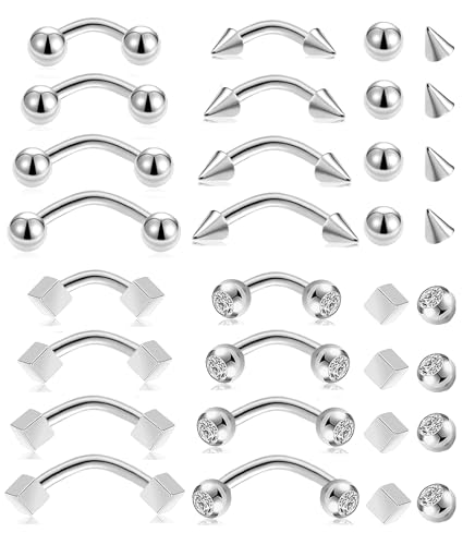 16Pcs Eyebrow Piercing Jewelry 16G Surgical Steel Curved Barbell Vertical Labret Lip Navel Belly Button Tongue Rings Rook Daith Tragus Earring for Women Men Silver Gold Tone 6mm/8mm/10mm/12mm - color: B-Siler