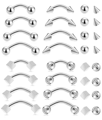 16Pcs Eyebrow Piercing Jewelry 16G Surgical Steel Curved Barbell Vertical Labret Lip Navel Belly Button Tongue Rings Rook Daith Tragus Earring for Women Men Silver Gold Tone 6mm/8mm/10mm/12mm - color: B-Siler