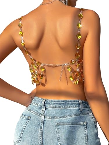 Rhinestones Body Chain Suit Silver Crystal Bikini Bra Underwear Sexy Sparkly Party Body Jewelry Accessories for Women - color: Gold