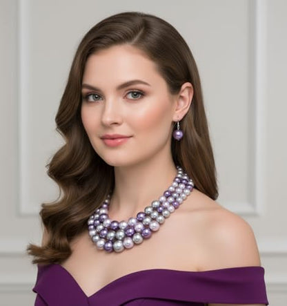 Fashion 21 Women's Faux Pearl Three Multi-Strand Statement Necklace and Earrings Set - color: Lavender Mix