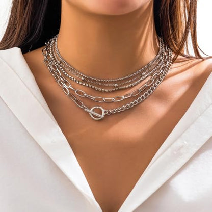Otxas Layered Gold Necklaces for Women Non Tarnish Chunky Necklace | Stacked Necklaces for Women Heart Pendant Toggle Necklace Paperclip Chain Necklaces for Daily Wear, Party, Gift - style: Style 7