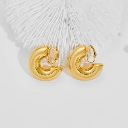 WOWORAMA Chunky Gold Hoop Clip On Earrings for Women | Large Chunky Hoops Clips Earrings, Polished Gold-Plated Clip-On Hoops, Statement Non Pierced Jewelry - color: 30mm Chunky Hoops