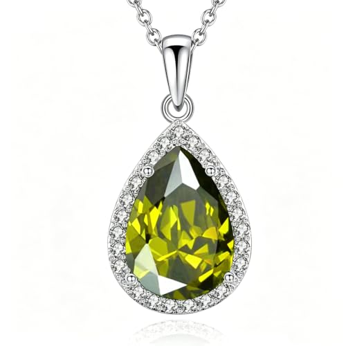 VONSSY Classic Oval Pendant Gemstone Necklace | Crystal Ruby Sapphire Waterdrop Birthstone Teardrop Emerald Necklace | 18K Platinum Gold Plated Chain | Jewelry Gift for Mother Wife Girlfriend - color: NL-Olive-Platinunm