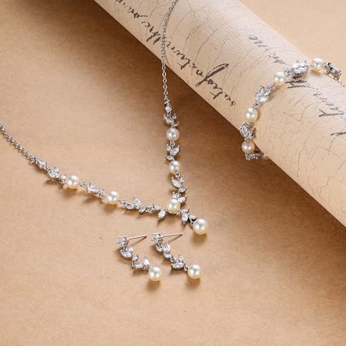 EVER FAITH Cubic Zirconia Pearl Leaf Bridal Jewelry Set for Bride Women | White Wedding Prom Necklace Dangle Earrings Bracelet, for Bridesmaid - color: Marquise_Silver-Plated-Brass
