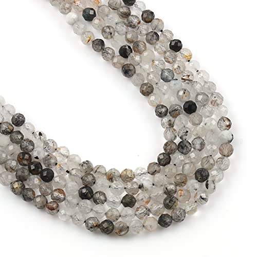 90pcs 4mm Natural Black Rutilated Quartz Gemstone Beads Faceted Round Loose Stone Beads for Jewelry Making - color: Black Rutilated Quartz, size: 3.7-4.2mm