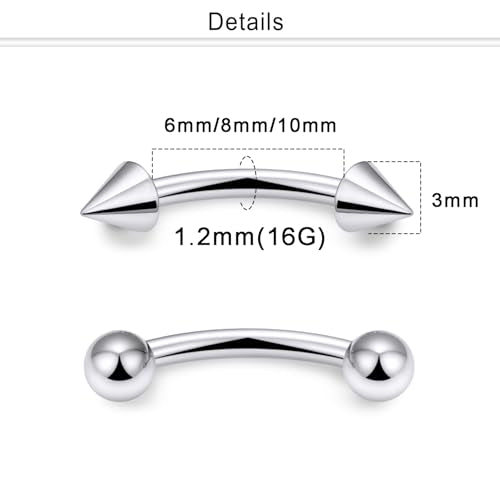 Eyebrow Piercing Jewelry Internally Threaded Surgical Steel Curved Barbell Tiny Eyebrow Ring Vertical Labret Lip Jewelry Ear Rook Navel Small Belly Button Ring for Women Men 18g 16g 14g - color: silvertone,16g