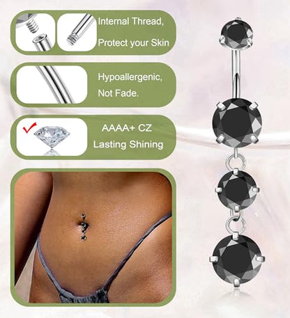 G23 Titanium Dangle Belly Button Rings for Women Dangling Navel Rings CZ Belly Rings Curved Barbell Internally Threaded Belly Piercing Jewelry - color: Black