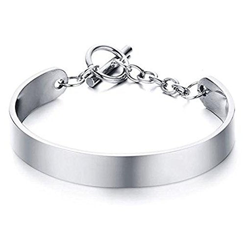 DIB Free Engraving Stainless Steel Minimalist Shiny Cuff Bangle Bracelets with Toggle Clasp for Women Oval Shape Silver