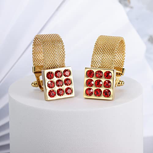 HAWSON Mens Cufflinks with Chain - Stone and Shiny Gold Tone Shirt Accessories - Party Gifts for Young Men - color: 24K Gold Color+Siam Red Crystal 1
