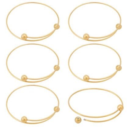 Beebeecraft 6Pcs 2.4 Inch Stainless Steel Adjustable Bangle Bracelet with Removable Ball Bead Real 18K Gold Plated Expandable Blank Bangle Bracelets Blank Cuff Wire Bracelets for Jewelry Making - color: Gold, size: 6cm