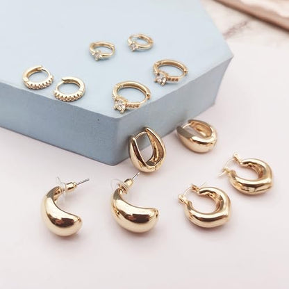 6 Pairs Gold Hoop Earrings for Women, 14K Gold Plated Huggie Hoop Earrings Set Hypoallergenic Lightweight Chunky Open Hoops Jewelry for Gift - color: Gold Earrings