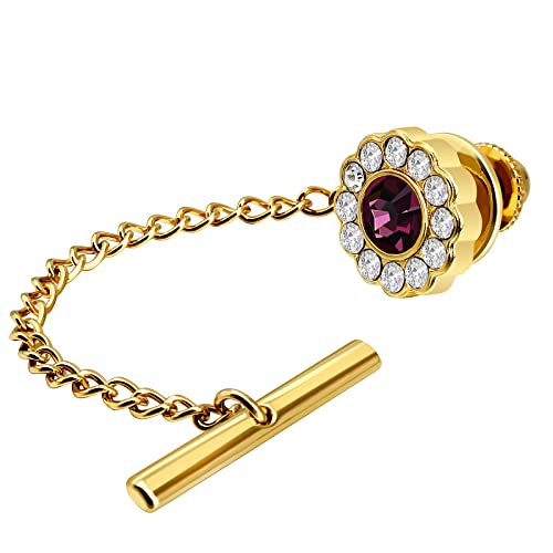 AMITER Crystal/Pearl Tie Tack with Chain, Gold Mens Tie Pin Necktie Pins Lapel Pin for Wedding Birthday Anniversary Party - color: 24k Gold+Purple Crystal