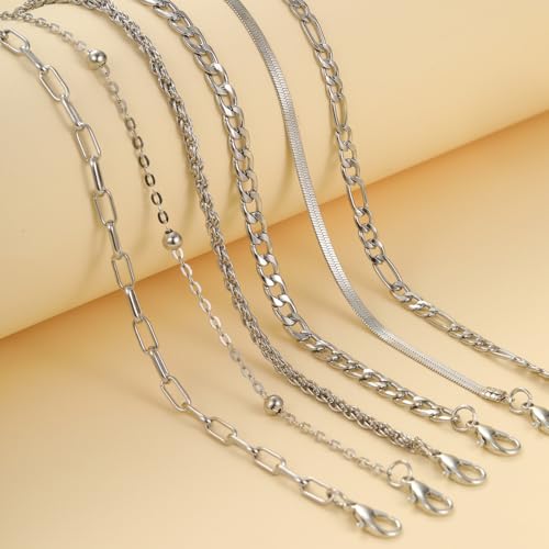 Adjustable Waterproof Layered Bracelets for Women Summer Beach Cuban Link Chain Anklets Set Herringbone Paperclip Beaded Snake Chain Stackable Anklet Stainless Steel Jewelry Bracelet - color: 6PCS-Silver