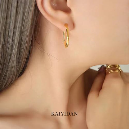 2 Pairs Gold/Silver Hoop Earrings For Women Set Trendy,14K Plated Gold Chunky Huggie Hoop Earings Pack,Oval Twisted Statement Silver Hoops,Fashion Jewelry Gift - color: 3) bamboo hoop