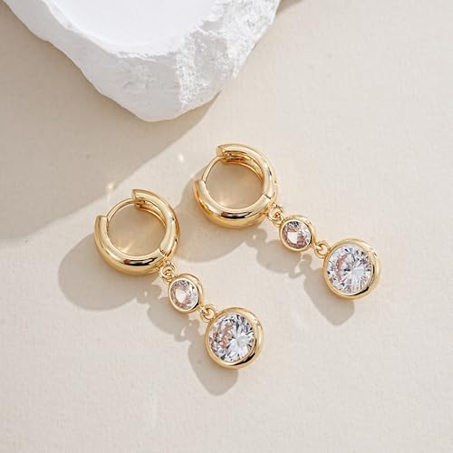 Gold Dangle Earrings for Women 14K Gold Plated Chunky Huggie Hoops Drop Earring Trendy Cubic Zirconia Diamond Crystal Round Teardrop Heart Charm Hypoallergenic Statement Jewelry Gifts - color: gold
