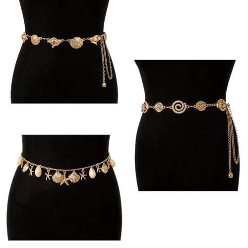 3 Pcs Gold Chain Belt for Women, Adjustable Waist Chain with Clover Butterfly Disc Pendants, Body Jewelry, Boho Belts for Women, Summer Beach Party - color: Gold-4