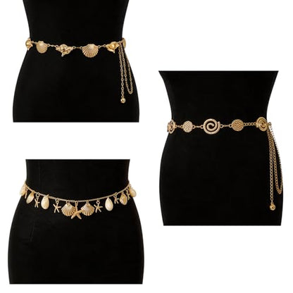 3 Pcs Gold Chain Belt for Women, Adjustable Waist Chain with Clover Butterfly Disc Pendants, Body Jewelry, Boho Belts for Women, Summer Beach Party - color: Gold-4