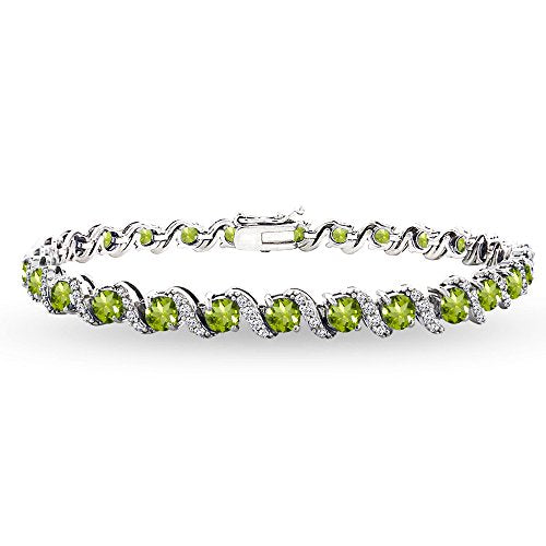 B. BRILLIANT Sterling Silver Genuine, Created or Simulated Gemstone Round S Design Tennis Bracelet for Women - color: Peridot - Sterling Silver