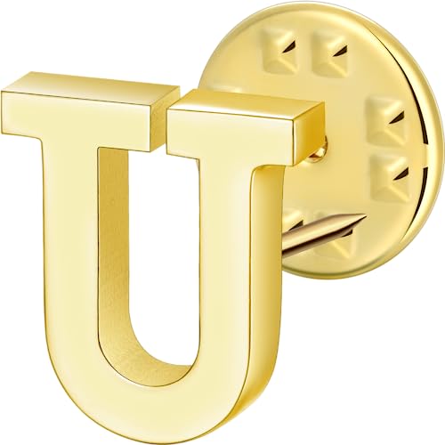 Initial Lapel Pin for Men Women, Brooch Pins for Men Suits, Metal Button Pins in 18K Gold and Silver Tone. - color: Gold-U