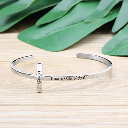 𝐂𝐫𝐨𝐬𝐬 𝐁𝐫𝐚𝐜𝐞𝐥𝐞𝐭 Religious Cuff Bangle 𝐁𝐢𝐛𝐥𝐞 𝐕𝐞𝐫𝐬𝐞 Christian Gifts Jewelry for 𝐖𝐨𝐦𝐞𝐧 - style: Silver cuff-I am a child of god -1 John 3:1